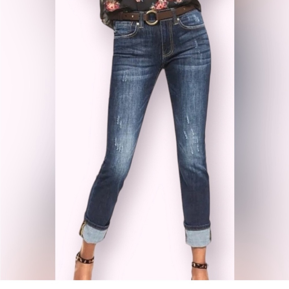 Cabi High Straight Dark Wash Distressed Jeans